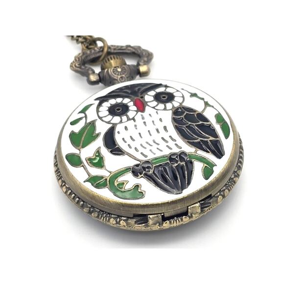 Enamel Owl Pocket Watch – Unique Wildlife Accessory, Personalizable Vintage Look - Picture 8 of 12